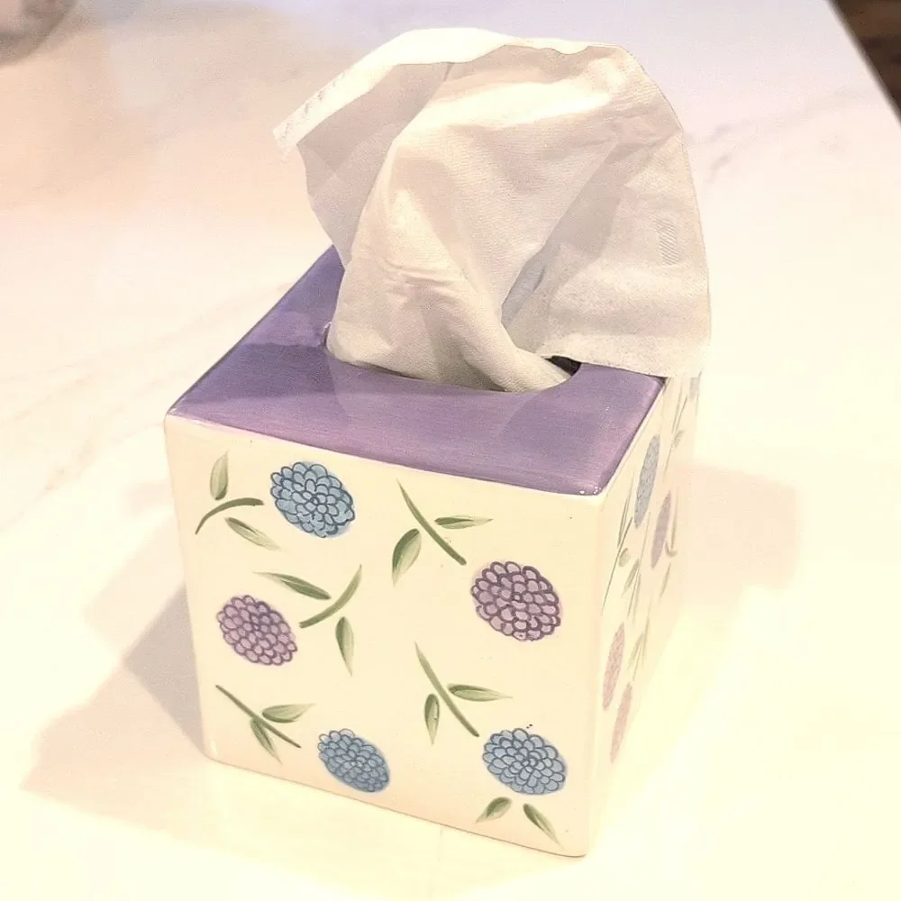 Marimekko Hand Painted Ceramic Floral Square Tissue Box Cover Purple & Blue